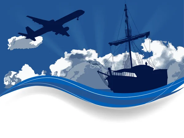 Silhouette du bateau pirate et de l'avion — Image vectorielle