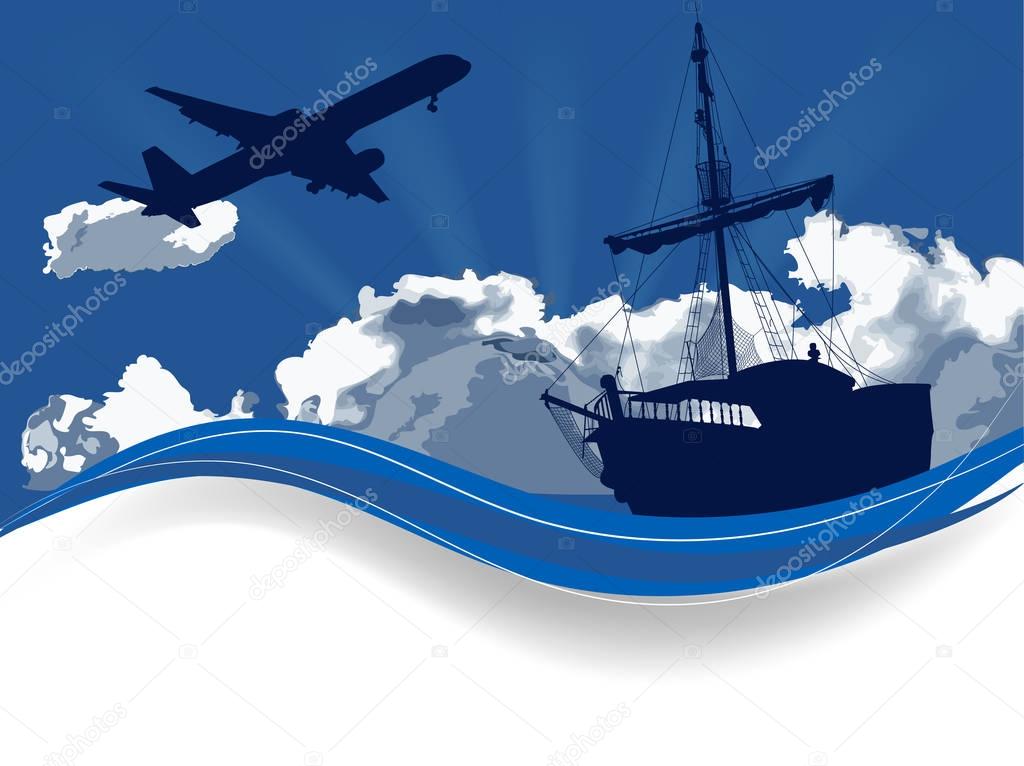 Silhouette of the pirate ship and airplane