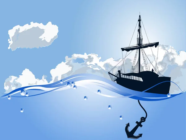 Silhouet van verankerde piratenschip — Stockvector