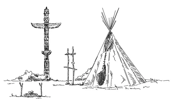 Teepee e totem indiani — Vettoriale Stock