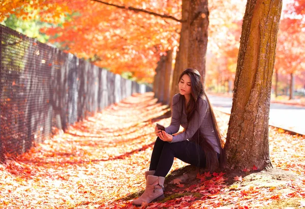 Biracial teen girl assis sous des érables colorés en automne — Photo