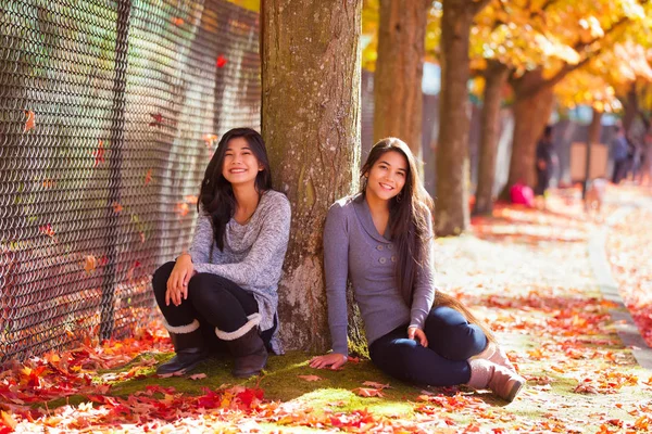 Biracial teen girl sitting under colorful maple trees in autumn Stock Picture