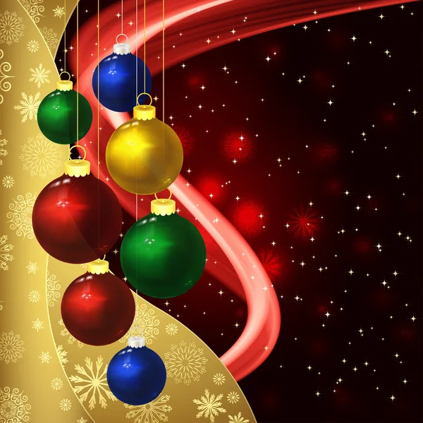 Christmas background with baubles on a dark red. — Stock Vector