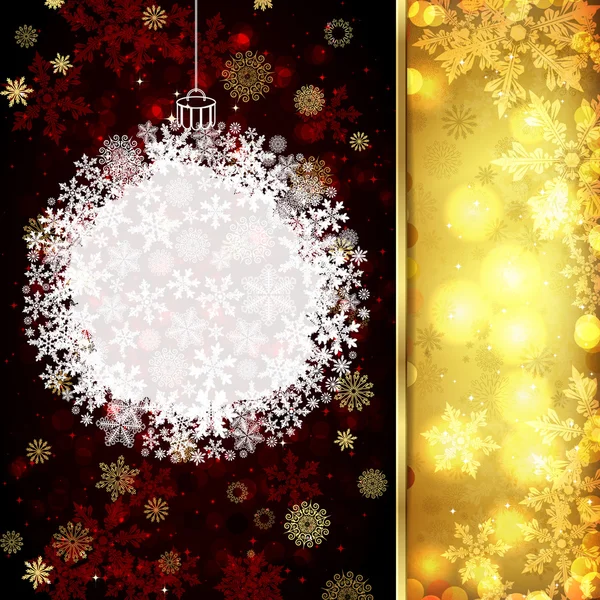 Kerstkaart met kerst decor, sneeuwvlokken op goud en rode achtergrond. — Stockvector