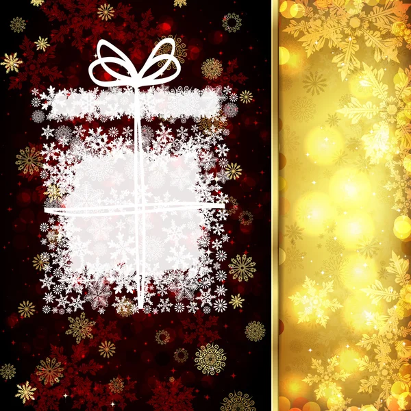 Kerstkaart met kerst decor, sneeuwvlokken op gouden en rode achtergrond. — Stockvector
