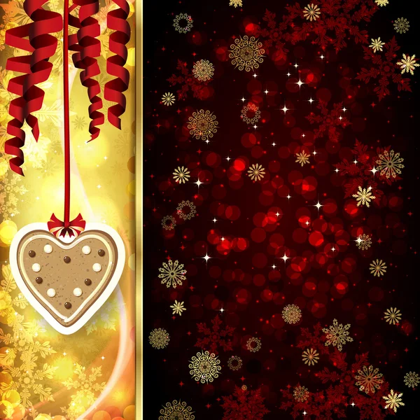 Χριστουγεννιάτικη κάρτα με Χριστουγεννιάτικη διακόσμηση, νιφάδες χιονιού σε χρυσό και κόκκινο φόντο. — Διανυσματικό Αρχείο