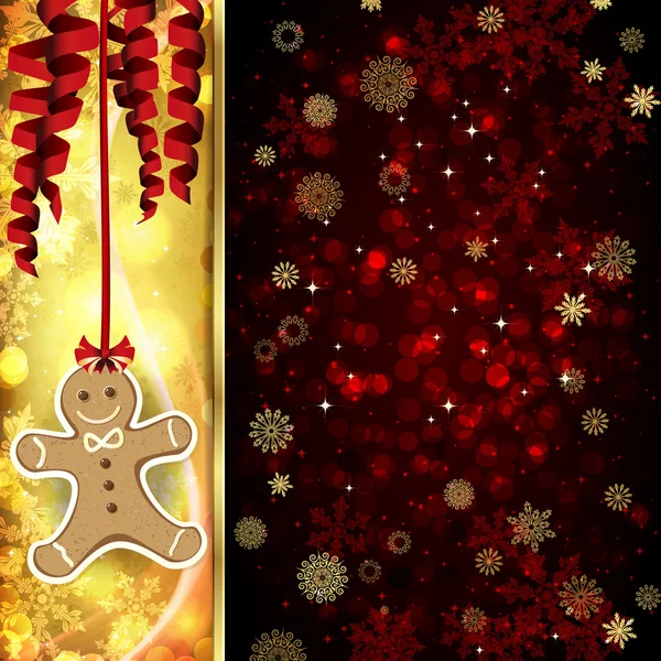 Cartão de Natal com decoração de Natal, flocos de neve em fundo dourado e vermelho . — Vetor de Stock