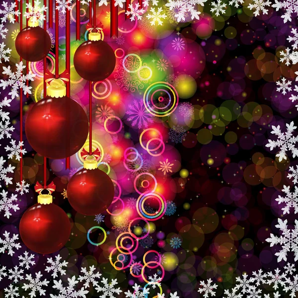 Bolas de Navidad. Círculos coloridos abstractos y copos de nieve . — Vector de stock