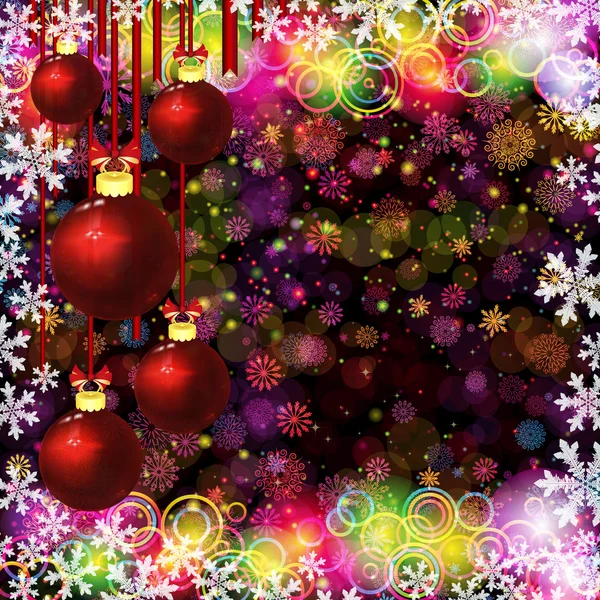 Bolas de Navidad. Círculos coloridos abstractos y copos de nieve . — Vector de stock