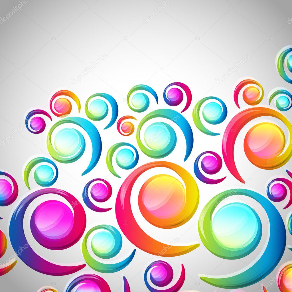 Abstract colorful spiral arc-drop pattern on a light background.