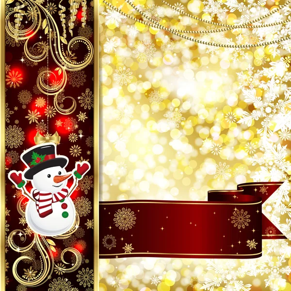 Tarjeta navideña con decoración navideña, copos de nieve sobre fondo dorado y rojo . — Vector de stock