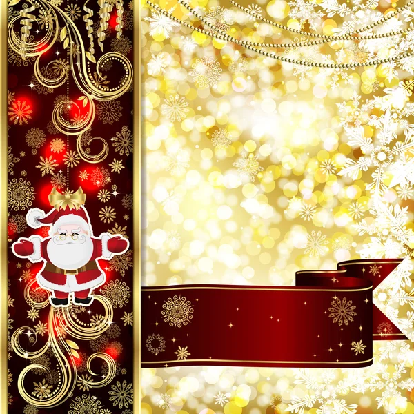 Vánoční přání s vánoční výzdobou, sněhové vločky na zlaté a červené pozadí. — Stockový vektor