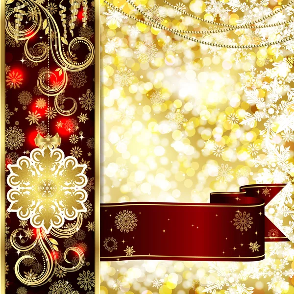 Kerstkaart met kerst decor, sneeuwvlokken op gouden en rode achtergrond. — Stockvector