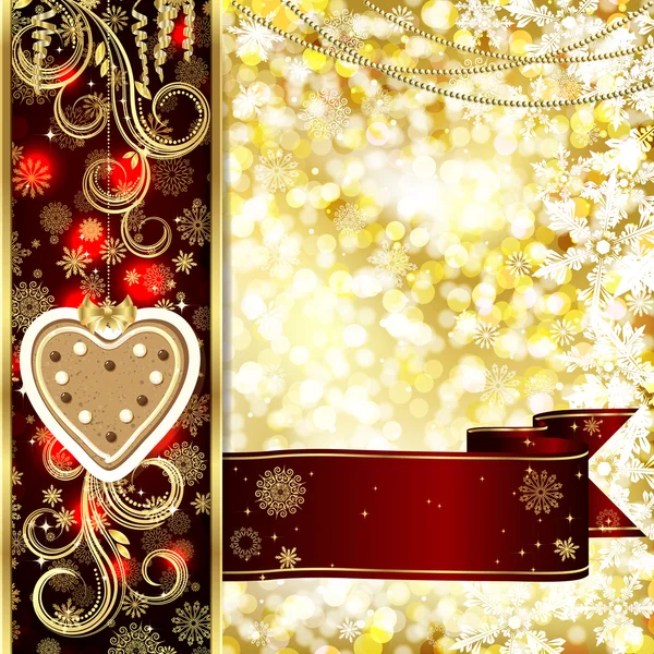 Biglietto natalizio con decorazioni natalizie, fiocchi di neve su sfondo dorato e rosso . — Vettoriale Stock