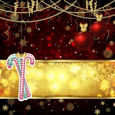 Noel kartı ile Noel topları altın ve kırmızı zemin üzerine.