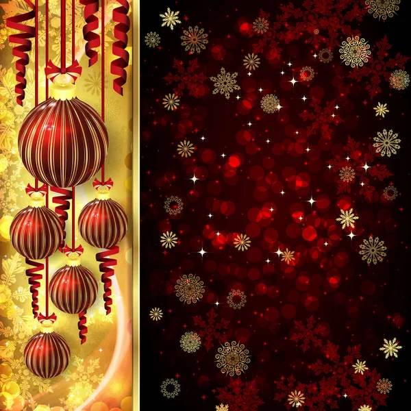 Cartão de Natal com decoração de Natal, flocos de neve em um fundo dourado e vermelho . — Vetor de Stock