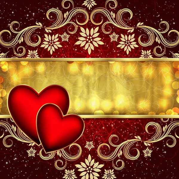 Alla hjärtans dag röda gyllene bakgrund med hjärtan och blommor. — Stock vektor