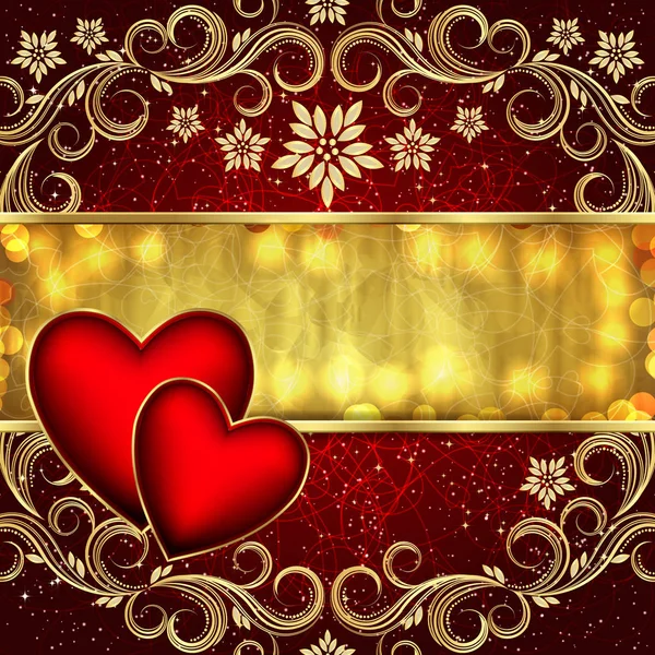 Valentinstag rot-goldener Hintergrund mit Herzen und Blumen. — Stockvektor