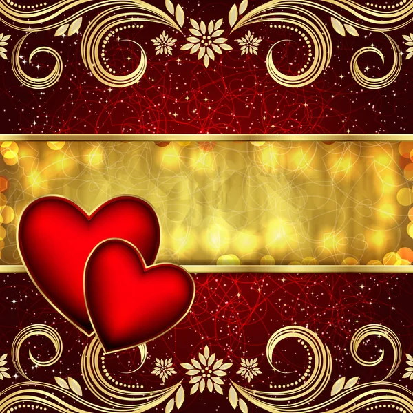 San Valentín fondo rojo dorado con corazones y flores . — Vector de stock