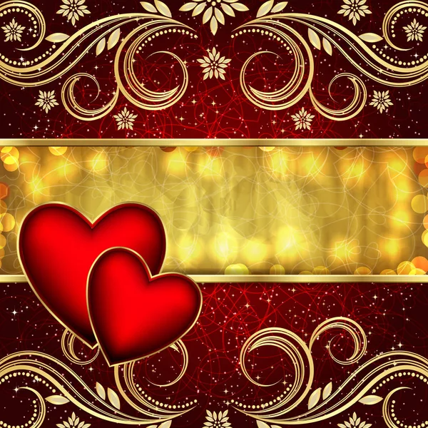 Alla hjärtans dag röda gyllene bakgrund med hjärtan och blommor. — Stock vektor