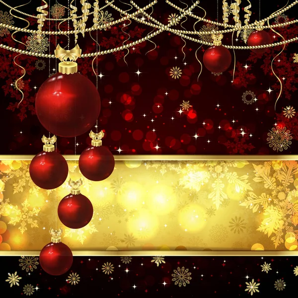 Kerstkaart met kerstballen, Christmas decor, sneeuwvlokken. — Stockvector