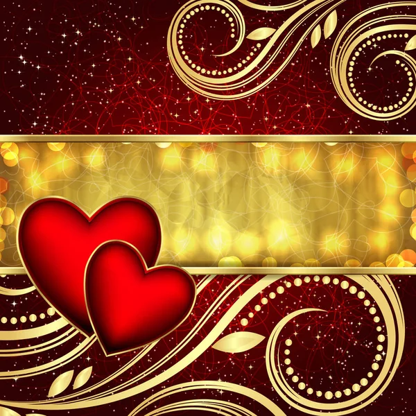 San Valentín fondo rojo dorado con corazones y flores . — Vector de stock