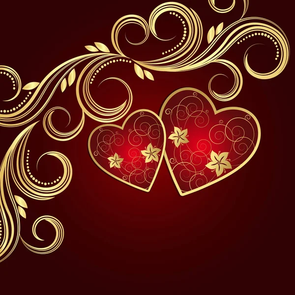 Valentine's day red background with hearts and golden floral swirls. — Stock Vector