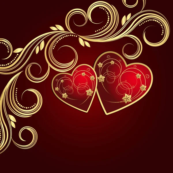 Valentine's day red background with hearts and golden floral swirls. — Stock Vector