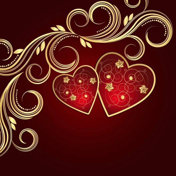 Valentine's day red background with hearts and golden floral. — Stock Vector