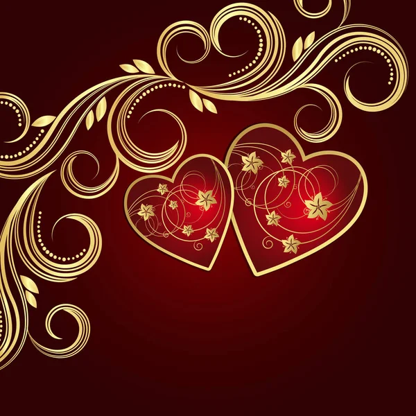 Valentinstag roter Hintergrund mit Herzen und goldenen Blumenwirbeln. — Stockvektor