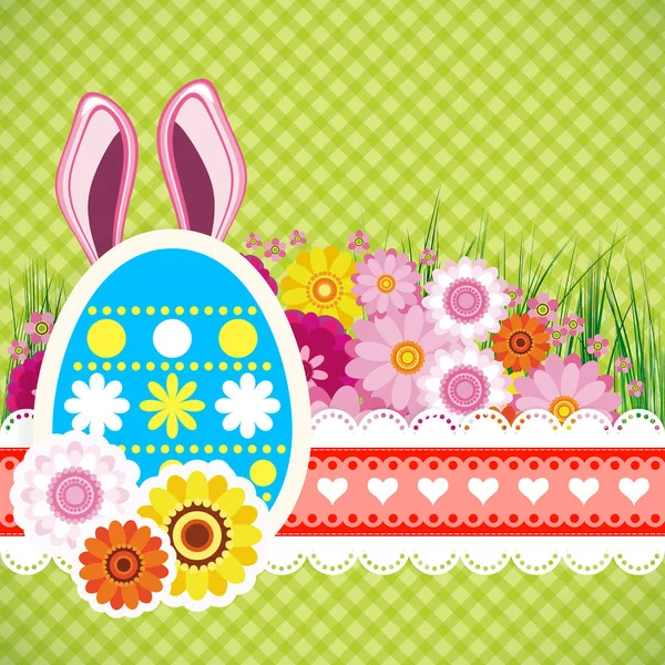 Buon sfondo pasquale con uova, orecchie da balia. Colorato design primavera celebrazione . — Vettoriale Stock