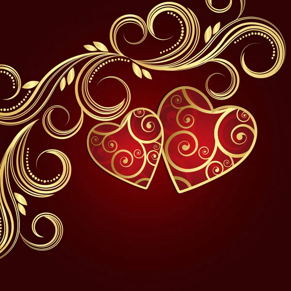 Valentinstag roter Hintergrund mit Herzen und goldenen Blumen. — Stockvektor