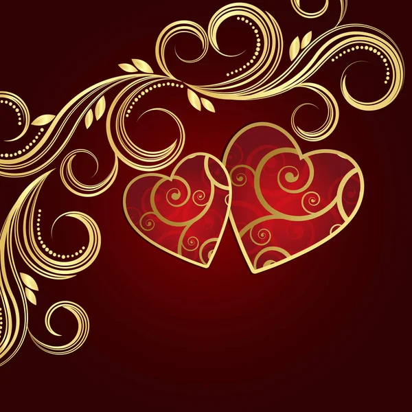 Dia dos Namorados fundo vermelho com corações e dourado floral . —  Vetores de Stock