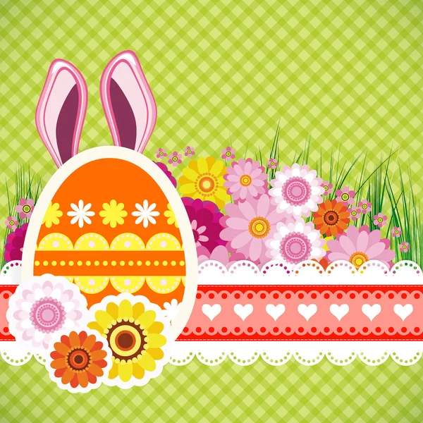 अंडे, खरगोश कान के साथ खुश ईस्टर पृष्ठभूमि। रंगीन समारोह — स्टॉक वेक्टर