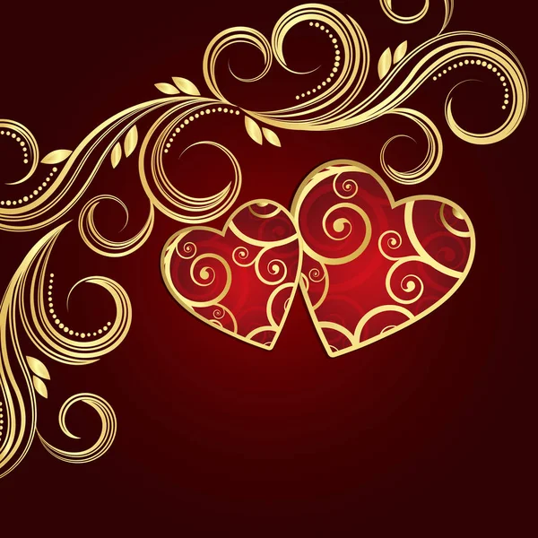 Día de San Valentín fondo rojo con corazones y remolinos florales dorados . — Vector de stock