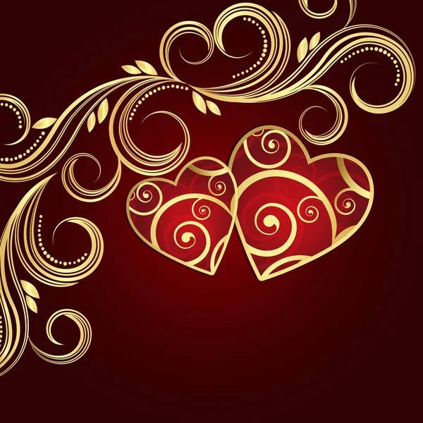 Valentinstag roter Hintergrund mit Herzen und goldenen Blumenwirbeln. — Stockvektor