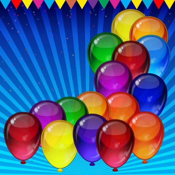 Narozeninový večírek pozadí - slavnostní barevné balónky, konfety, stuhy létání pro oslavy kartu — Stockový vektor