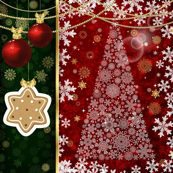 Fondo de Navidad con bolas de Navidad, elementos decorativos y copos de nieve . — Vector de stock