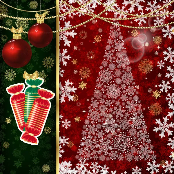 Vánoční pozadí s vánoční koule, ozdobné prvky a sněhové vločky. — Stockový vektor