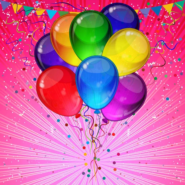 Fondo de fiesta de cumpleaños - globos festivos coloridos, confeti, cintas volando para la tarjeta de celebraciones . — Archivo Imágenes Vectoriales