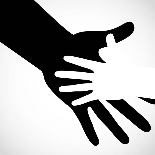 Mano grande de color negro y concepto de mano pequeña blanca. Ayuda símbolo manos emblema de apoyo . — Vector de stock
