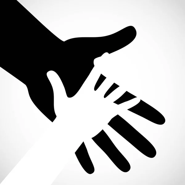 Mano grande de color negro y concepto de mano pequeña blanca. Ayuda símbolo manos emblema de apoyo . — Archivo Imágenes Vectoriales