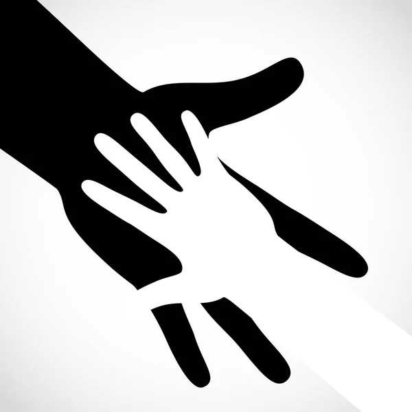 Schwarze Farbe große Hand und weiße kleine Hand Konzept. Hilfe Symbol Hände unterstützen Emblem. — Stockvektor