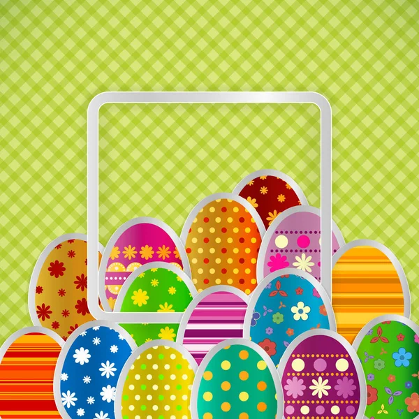 Fundo de saudação primavera com ovos de Páscoa. Imagens festivas de papel de ovos em uma moldura de luz quadrada . — Vetor de Stock