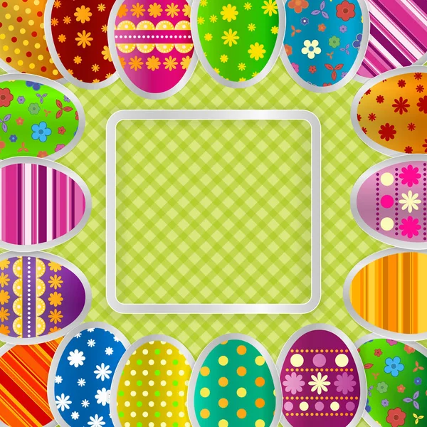 Fondo de saludo de primavera con huevos de Pascua. Imágenes de papel festivo de huevos en un marco de luz cuadrado , — Vector de stock