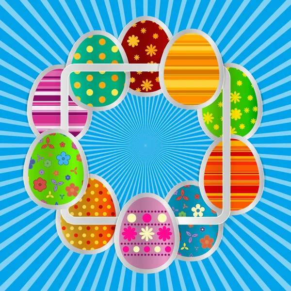 Fondo de saludo de primavera con huevos de Pascua. Imágenes de papel festivo de huevos en un marco de luz cuadrado . — Vector de stock