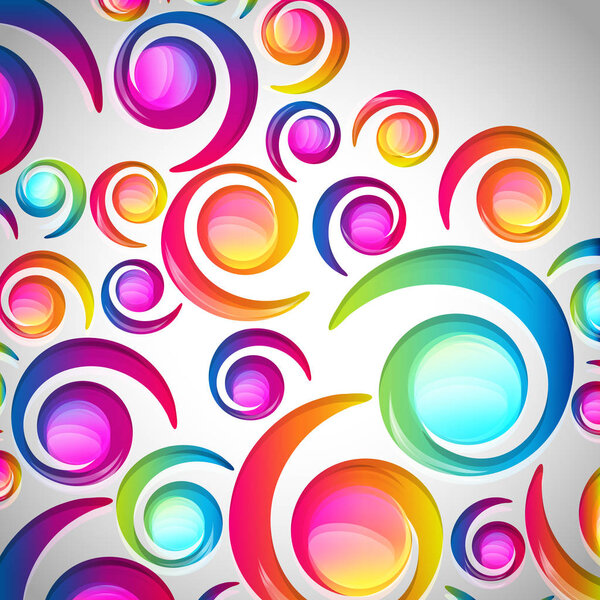 Абстрактный цветной узор спиральной дуги-капли на светлом фоне. Прозрачные красочные элементы и круги дизайн карты
.  