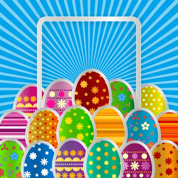 Spring greeting background with Easter eggs. Festive paper images of eggs on a square light frame. — Stock Vector