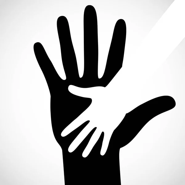 Schwarze Farbe große Hand und weiße kleine Hand Konzept. Hilfe Symbol Hände unterstützen Emblem. — Stockvektor