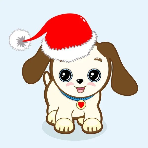 Lindo cachorro con ojos expresivos y orejas grandes puestas en la cabeza de la gorra de Navidad. Pequeño icono del perro. Símbolo de veterinaria o tienda de mascotas; 2018 año . — Archivo Imágenes Vectoriales